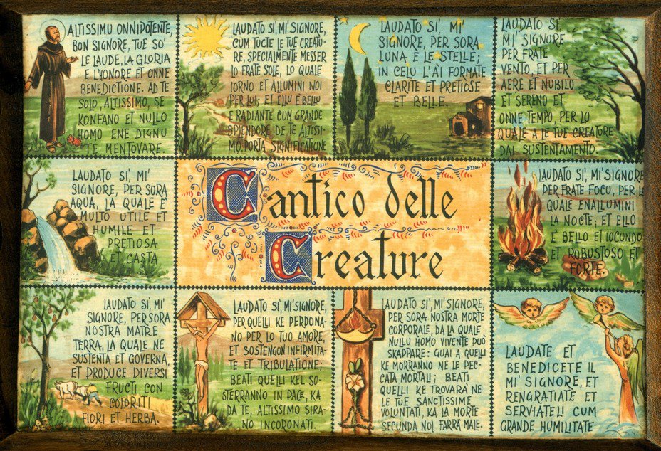 Tavola illustrata del Cantico delle creature: al centro il titolo miniato, attorno le strofe in volgare con Francesco, il sole, la luna e le stelle, il vento, l'acqua, il fuoco, la terra, il perdono, la morte e gli angeli