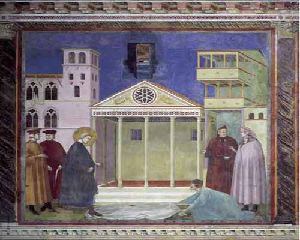 Affresco con San Francesco davanti a un tempio dalle colonne classiche e un uomo che stende il mantello a terra al suo passaggio, nella Basilica superiore di Assisi
