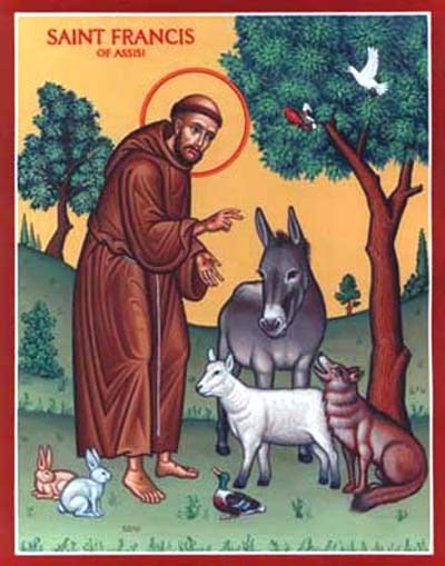 Icona di San Francesco con l'aureola tra gli animali: un asino, un agnello, un lupo, due conigli, un'anatra e alcuni uccelli; in alto la scritta Saint Francis of Assisi
