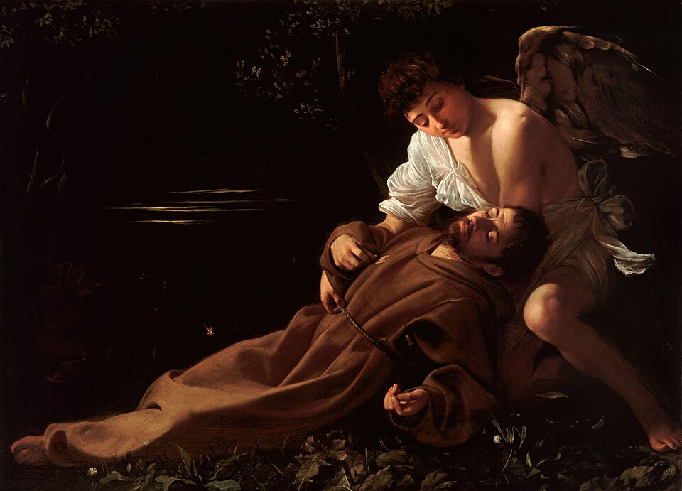 San Francesco svenuto, sorretto da un angelo, in una notte buia