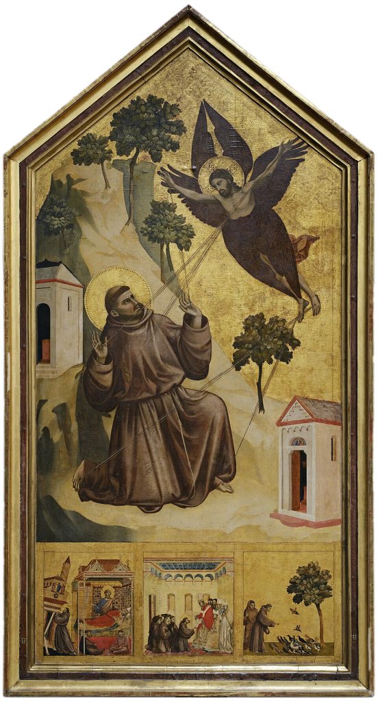 Pala d'altare con fondo oro: San Francesco inginocchiato sul monte riceve le stimmate dal Cristo serafino; sotto, tre piccole scene