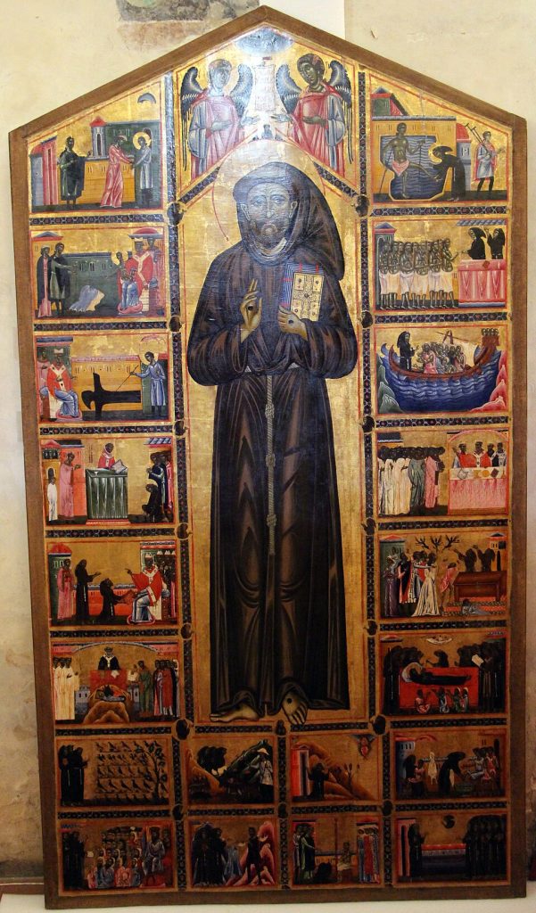Grande tavola dorata con San Francesco in piedi al centro e piccole scene della sua vita ai lati