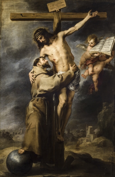 Cristo stacca un braccio dalla croce e abbraccia San Francesco, che gli si stringe; accanto alcuni angeli