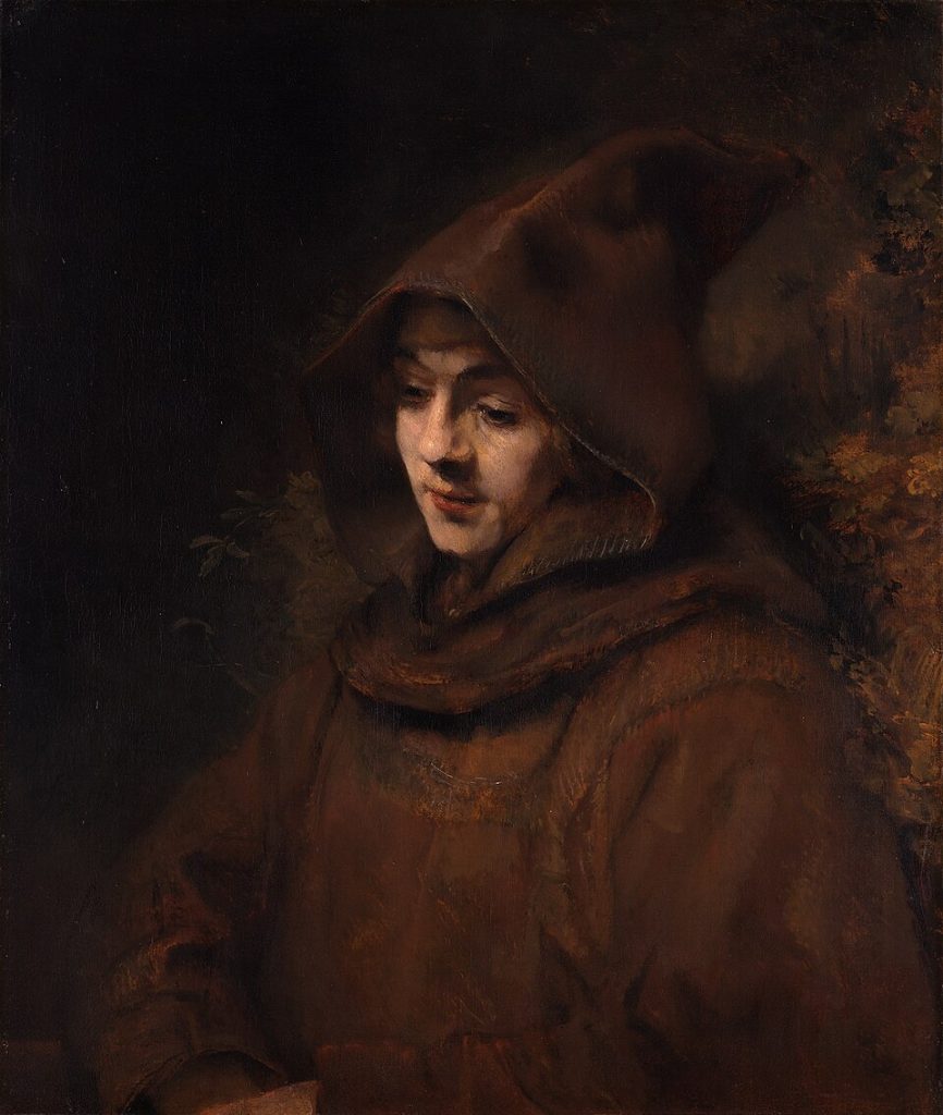 Ritratto di un giovane con il saio e il cappuccio francescano, lo sguardo rivolto in basso