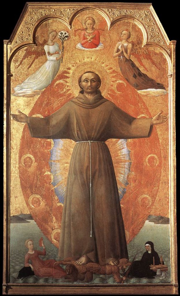 San Francesco a braccia aperte, circondato da una corona di angeli rossi; in alto tre figure femminili in volo