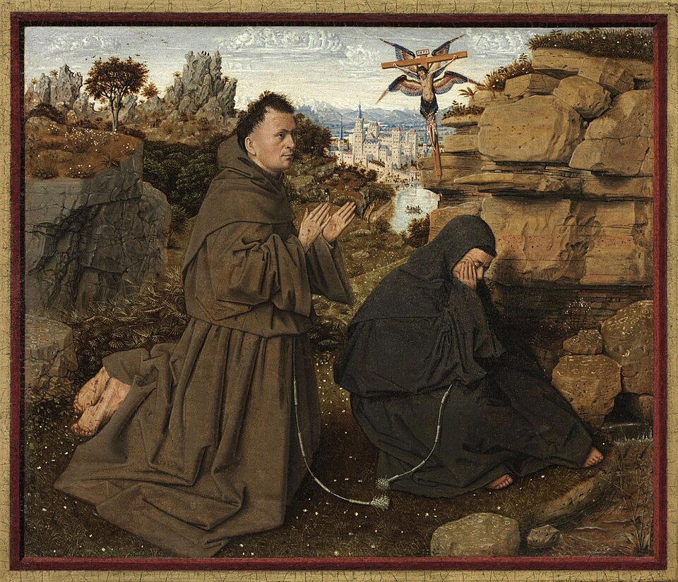 Piccolo dipinto fiammingo: San Francesco inginocchiato tra le rocce riceve le stimmate, accanto a lui frate Leone seduto, sullo sfondo una città