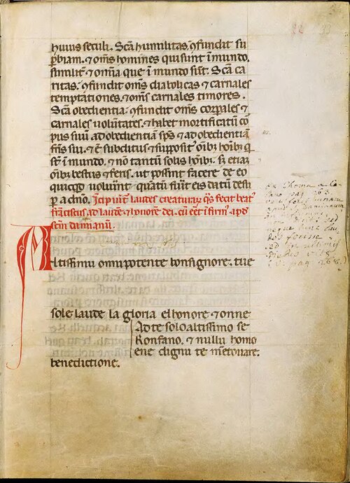 La più antica stesura del Cantico delle creature che si conosca, riportata nel Codice 338, custodito nella Biblioteca del Sacro Convento di San Francesco, Assisi