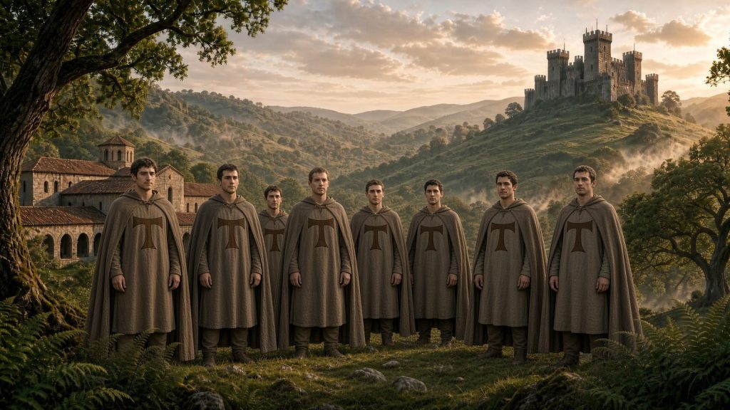 Un gruppo di Cavalieri con il mantello marrone e il Tau sul petto, in piedi su un prato tra le colline, con un monastero a sinistra e un castello sullo sfondo, alla luce del tramonto