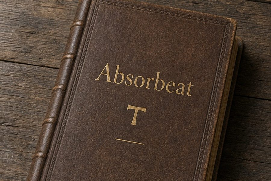 Libro rilegato in pelle marrone con il titolo «Absorbeat» e il Tau in oro sulla copertina