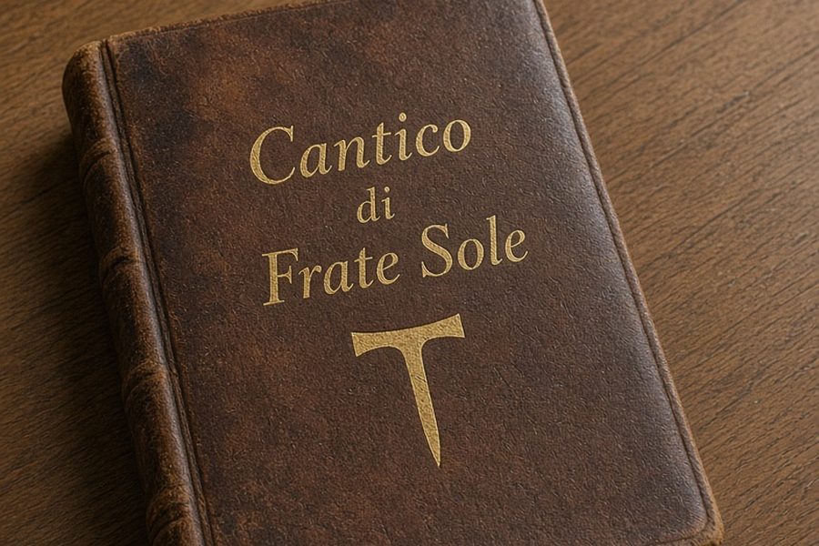 Libro rilegato in pelle marrone con il titolo «Cantico di Frate Sole» e il Tau in oro sulla copertina