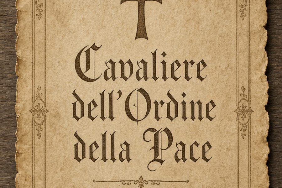 Pergamena illustrata con la scritta in caratteri gotici «Cavaliere dell'Ordine della Pace» e il Tau, su carta antica