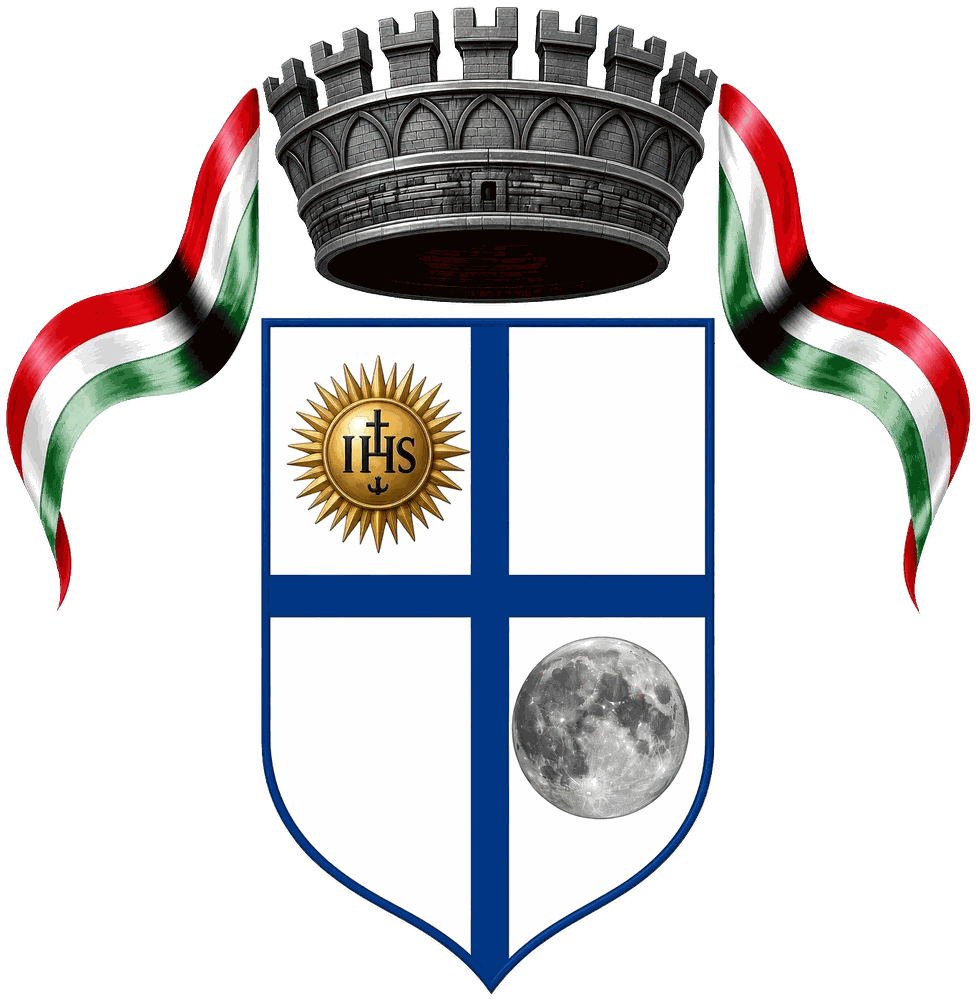 Stemma dell'associazione Cavalieri di San Francesco d'Assisi: scudo bianco bordato di blu e diviso da una croce blu, con il sole d'oro del monogramma IHS nel primo quarto e la luna piena nel quarto in basso a destra, sormontato da una corona turrita con nastri tricolori